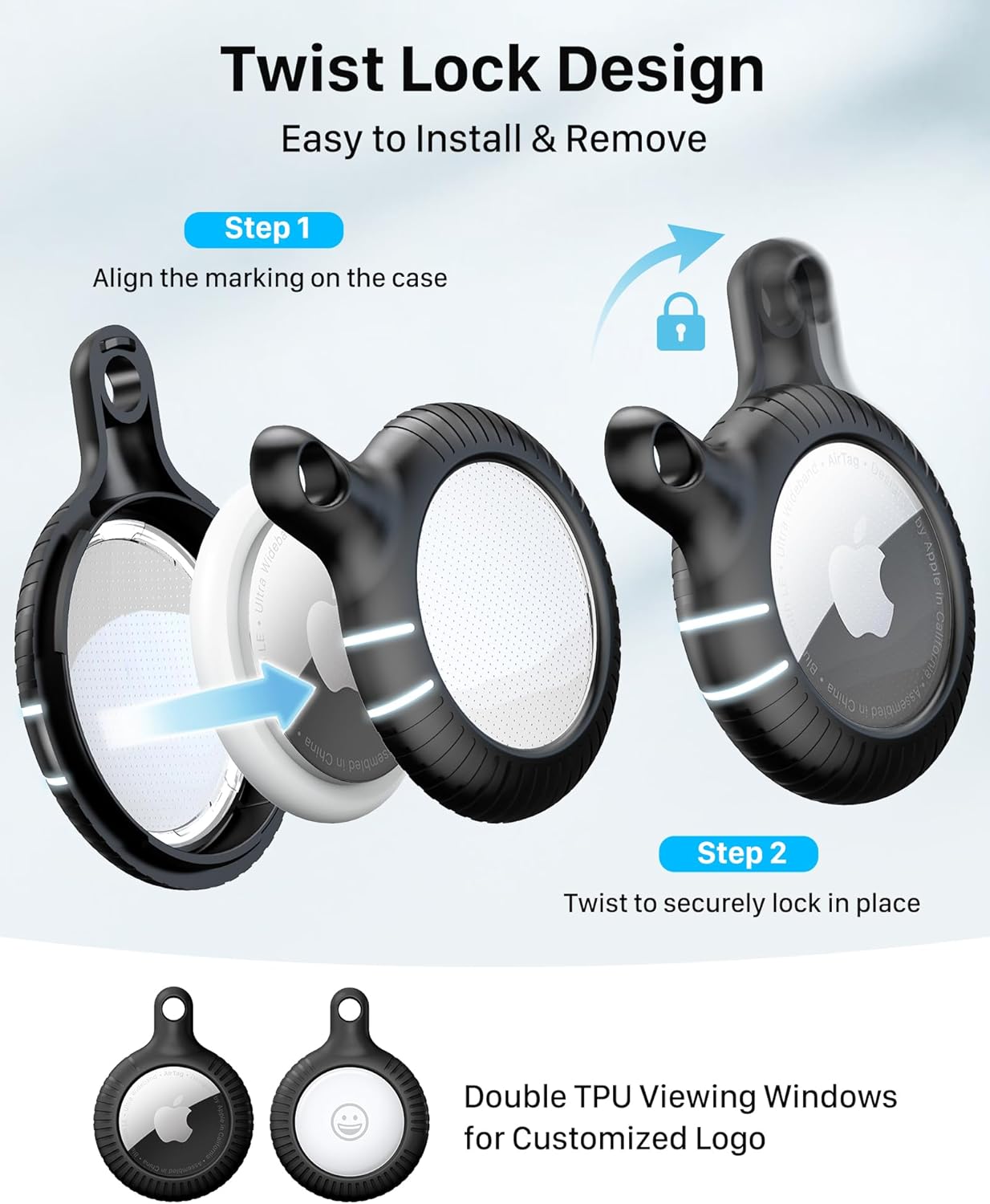 YOSH Airtag Holder, Airtag Keyring [Twist Lock Design] 4 Pack, TPU & Hard PC Airtag Case, 30mm Metal Spring Keychain for Car Keys, Bags, Accessories for Apple AirTag, White& Red& Green& Black