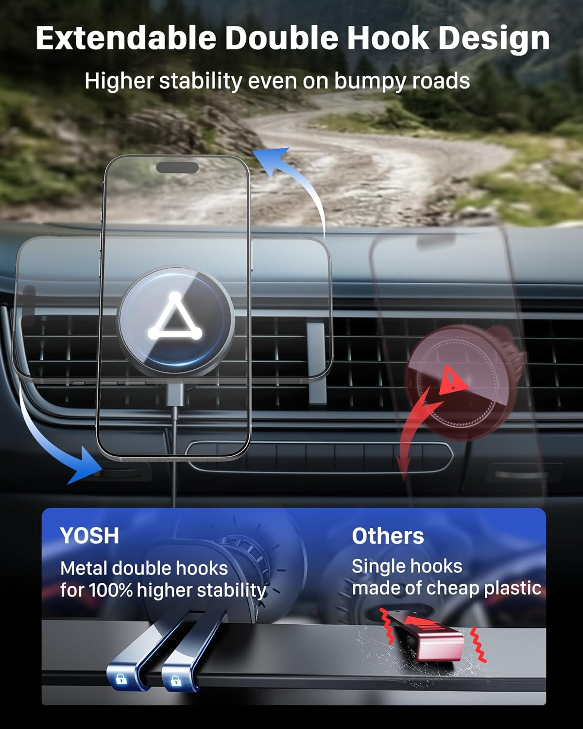 YOSH for MagSafe Car Mount Charger, [Advanced Cooling & 15W Fast Charging] Magnetic Wireless Car Charger with Extendable Metal Double Hook for Air Vent, 22×N56 Magnets for iPhone 17–12 Samsung Pixel