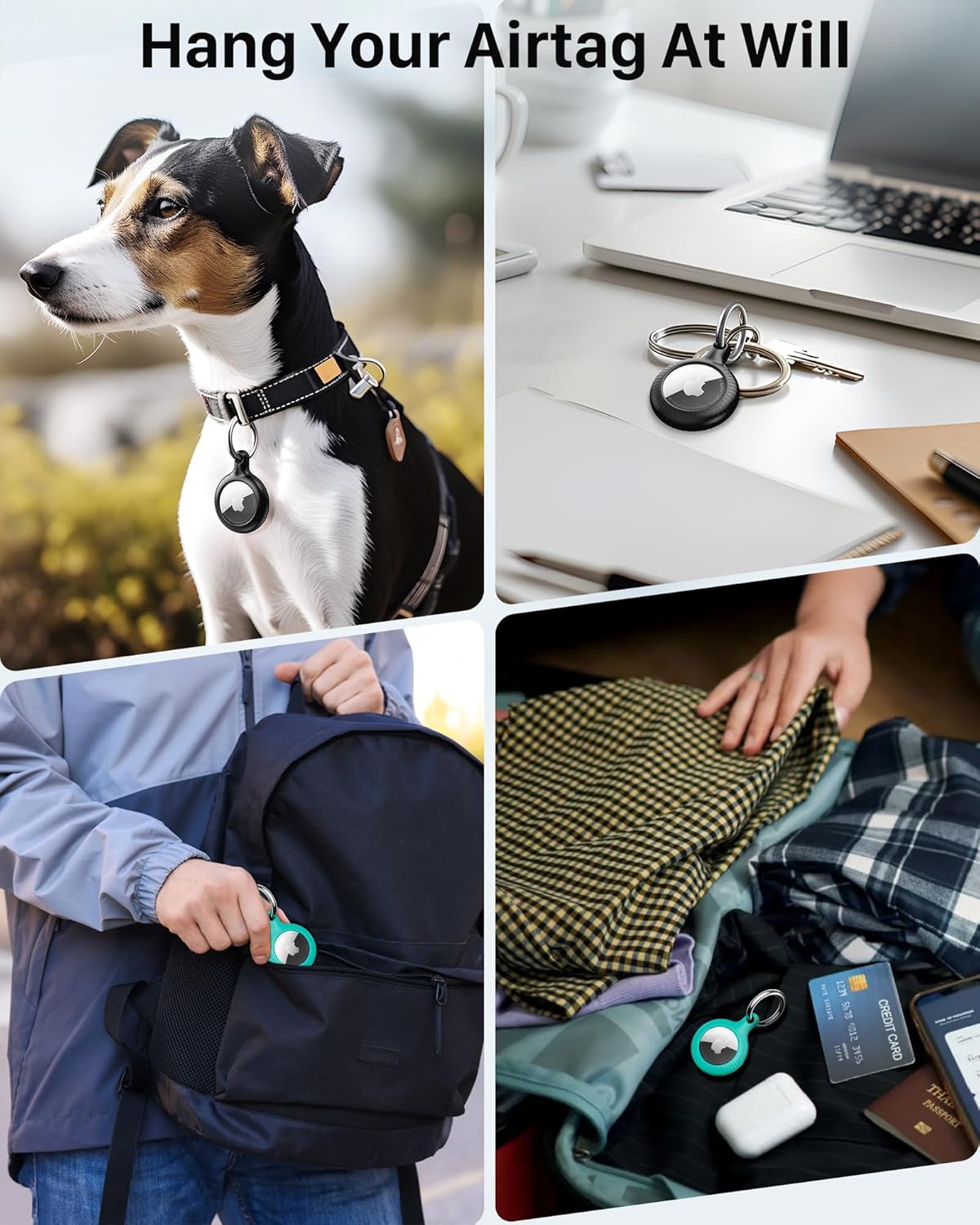 Lot de 4 porte-clés Airtag YOSH [conception à verrouillage par rotation], étui Airtag en TPU et PC rigide, porte-clés à ressort en métal de 30 mm pour clés de voiture, sacs, accessoires pour Apple AirTag, noir et vert 