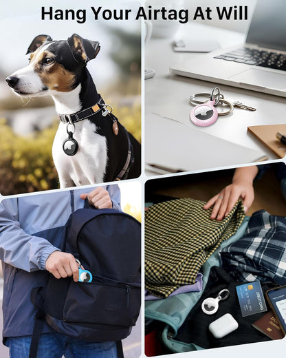 Lot de 4 porte-clés Airtag YOSH [conception à verrouillage par rotation], étui Airtag en TPU et PC rigide, porte-clés à ressort en métal de 30 mm pour clés de voiture, sacs, accessoires pour Apple AirTag, blanc, bleu, rose et noir 