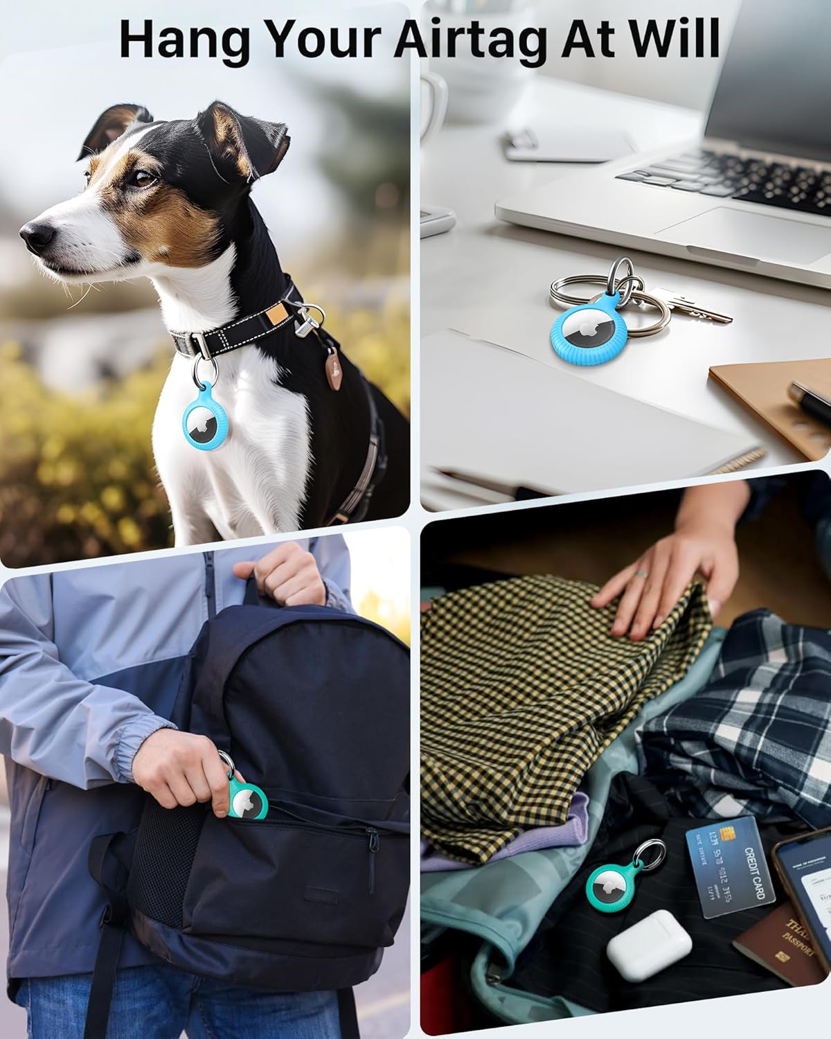 Lot de 4 porte-clés Airtag YOSH [conception à verrouillage par rotation], étui Airtag en TPU et PC rigide, porte-clés à ressort en métal de 30 mm pour clés de voiture, sacs, accessoires pour Apple AirTag, vert et bleu 