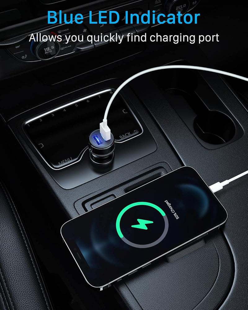 Chargeur de voiture USB C YOSH avec double port ultra-compact 24 W, chargeur USB allume-cigare à charge rapide, chargeur de voiture 2 ports adaptateur de chargeur de voiture pour iPhone 16 15 14 13 12 Pro Max Samsung Huawei Xiaomi 