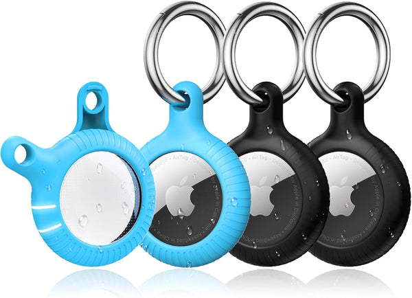 YOSH Airtag Holder, Airtag Keyring [Twist Lock Design] 4 Pack, TPU & Hard PC Airtag Case [Fit Tightly], Larger Metal Spring Keychain for Car Keys, Bags, Accessories for Apple AirTag Black & Blue