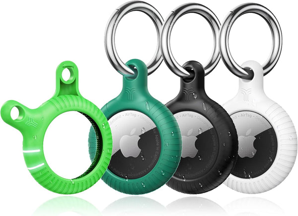 YOSH Airtag Holder, Airtag Keyring [Twist Lock Design] 4 Pack, TPU & Hard PC Airtag Case, 30mm Metal Spring Keychain for Car Keys, Bags, Accessories for Apple AirTag, White&Light Green& Green& Black