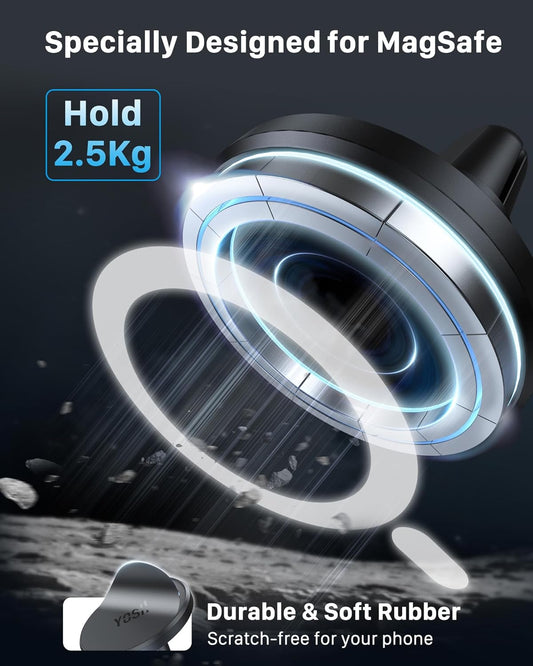 YOSH MagSafe Car Mount Air Vent, 1S Install & Full-Rubber Protection Magnetic Phone Holder, N52 Magnet Mobile Car Phone Holder for iPhone 12-17 Series & MagSafe Cases, No Extra Metal Plates Required