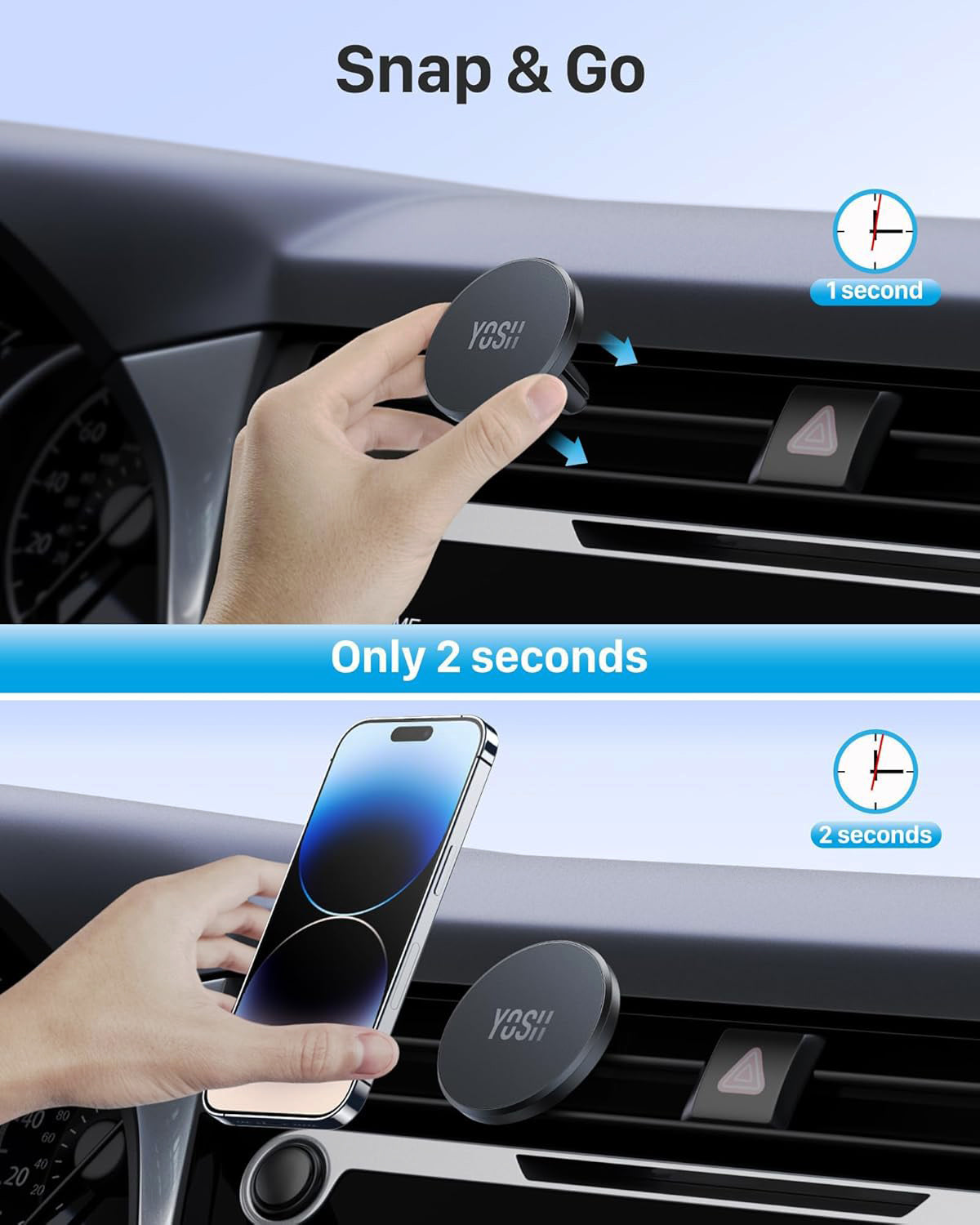 YOSH MagSafe Car Mount Air Vent, 1S Install & Full-Rubber Protection Magnetic Phone Holder, N52 Magnet Mobile Car Phone Holder for iPhone 12-17 Series & MagSafe Cases, No Extra Metal Plates Required