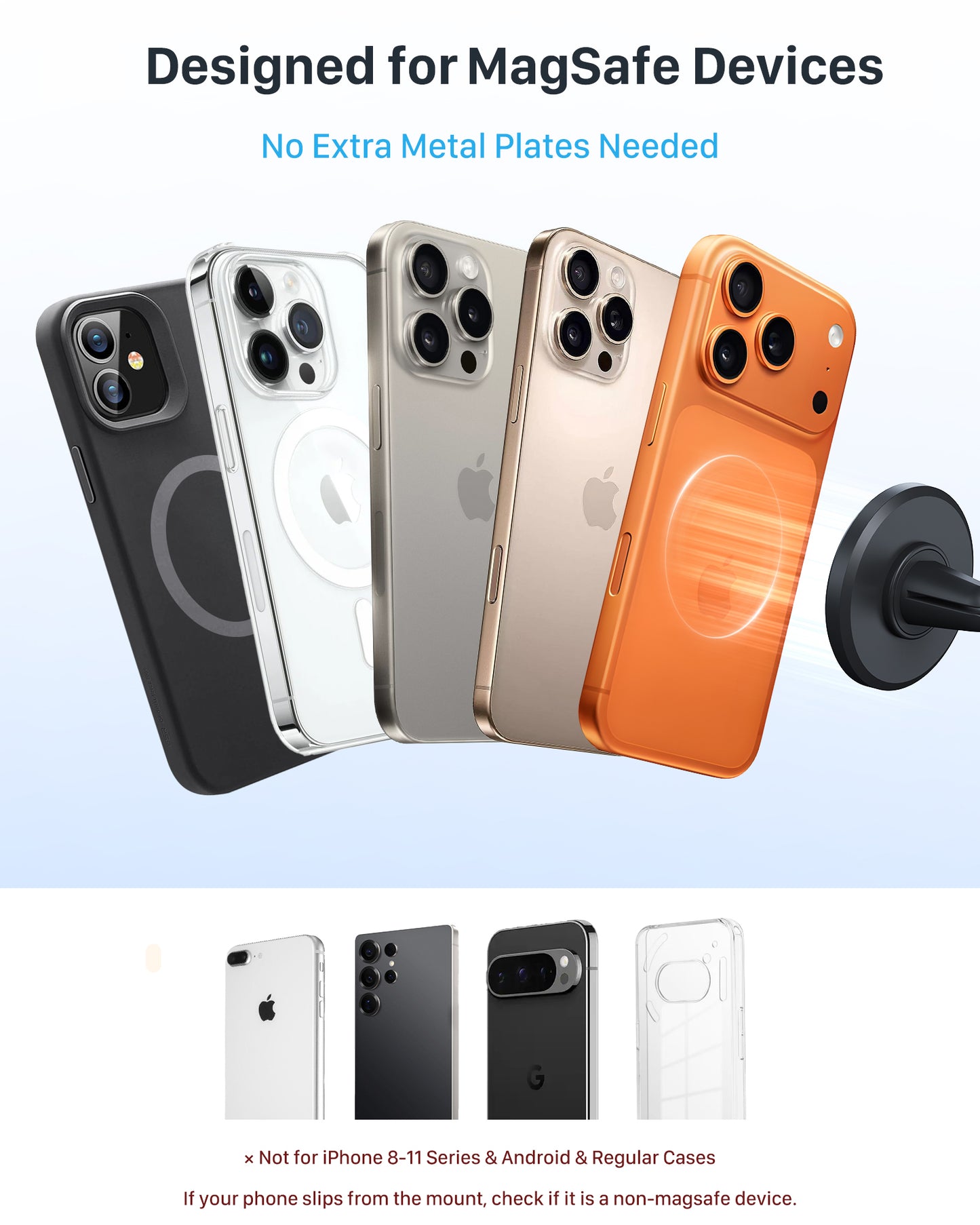 YOSH MagSafe Car Mount Air Vent, 1S Install & Full-Rubber Protection Magnetic Phone Holder, N52 Magnet Mobile Car Phone Holder for iPhone 12-17 Series & MagSafe Cases, No Extra Metal Plates Required