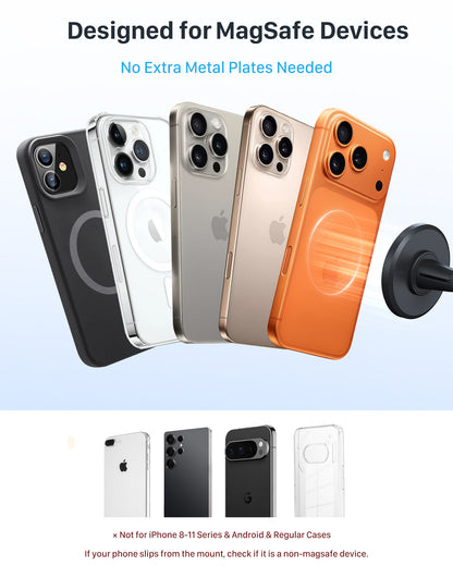 YOSH MagSafe Car Mount Air Vent, 1S Install & Full-Rubber Protection Magnetic Phone Holder, N52 Magnet Mobile Car Phone Holder for iPhone 12-17 Series & MagSafe Cases, No Extra Metal Plates Required