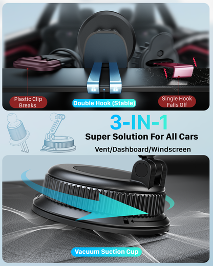 YOSH Magsafe Car Mount, 3 in 1 Vacuum Magnetic Phone Holder for Cars [Extendable Double Metal Hook & 300N Super Vacuum], for Vent & Dashboard & Windscreen, 22×N56 Magnets for iPhone Samsung Pixel
