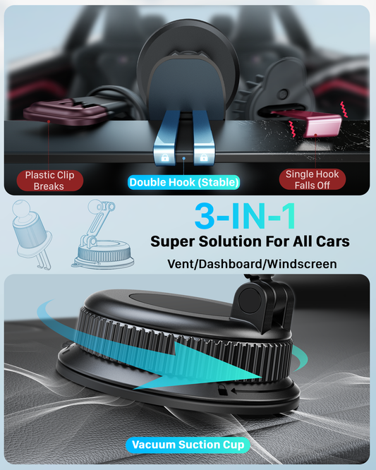 YOSH Magsafe Car Mount, 3 in 1 Vacuum Magnetic Phone Holder for Cars [Extendable Double Metal Hook & 300N Super Vacuum], for Vent & Dashboard & Windscreen, 22×N56 Magnets for iPhone Samsung Pixel
