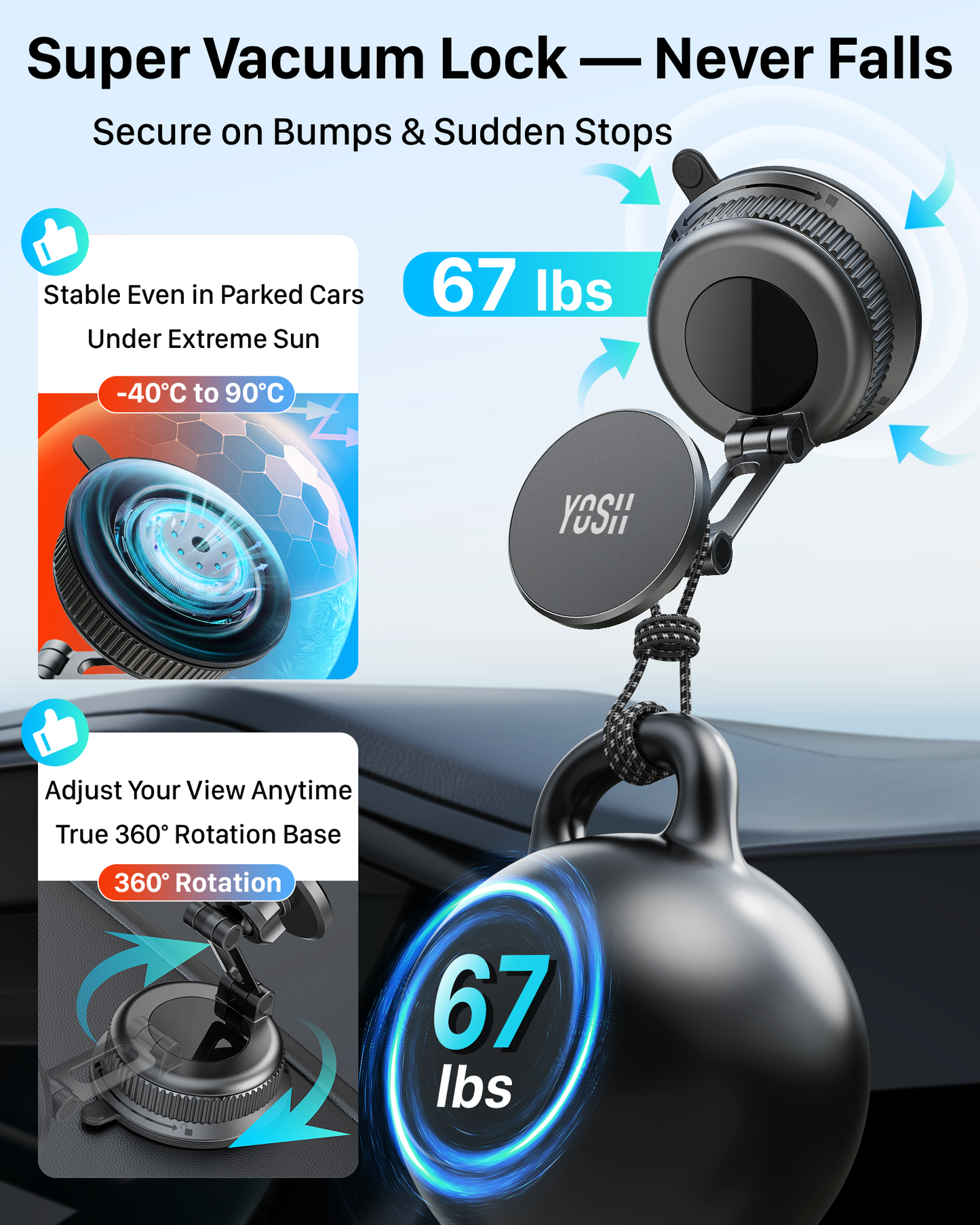 YOSH Magsafe Car Mount, 3 in 1 Vacuum Magnetic Phone Holder for Cars [Extendable Double Metal Hook & 300N Super Vacuum], for Vent & Dashboard & Windscreen, 22×N56 Magnets for iPhone Samsung Pixel