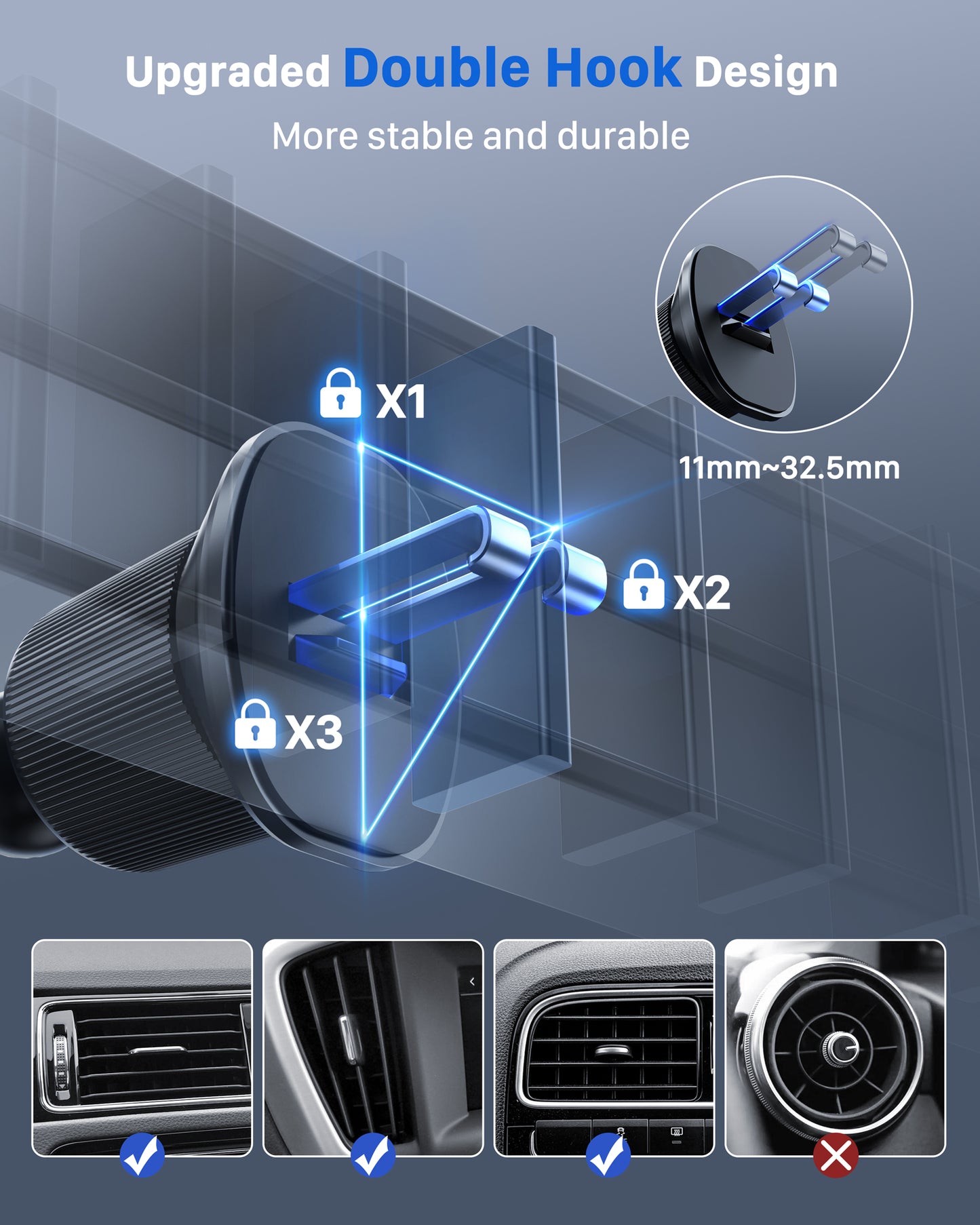 YOSH Magsafe Car Mount, 3 in 1 Vacuum Magnetic Phone Holder for Cars [Extendable Double Metal Hook & 300N Super Vacuum], for Vent & Dashboard & Windscreen, 22×N56 Magnets for iPhone Samsung Pixel