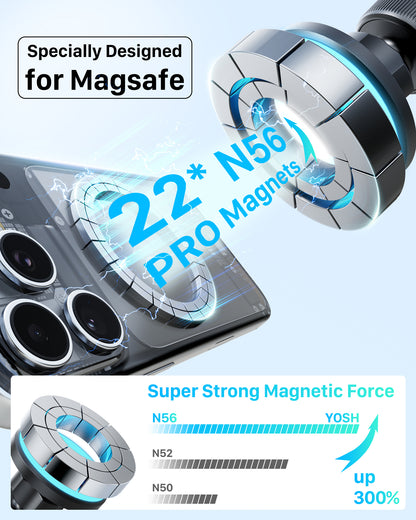 YOSH Magsafe Car Mount, 3 in 1 Vacuum Magnetic Phone Holder for Cars [Extendable Double Metal Hook & 300N Super Vacuum], for Vent & Dashboard & Windscreen, 22×N56 Magnets for iPhone Samsung Pixel