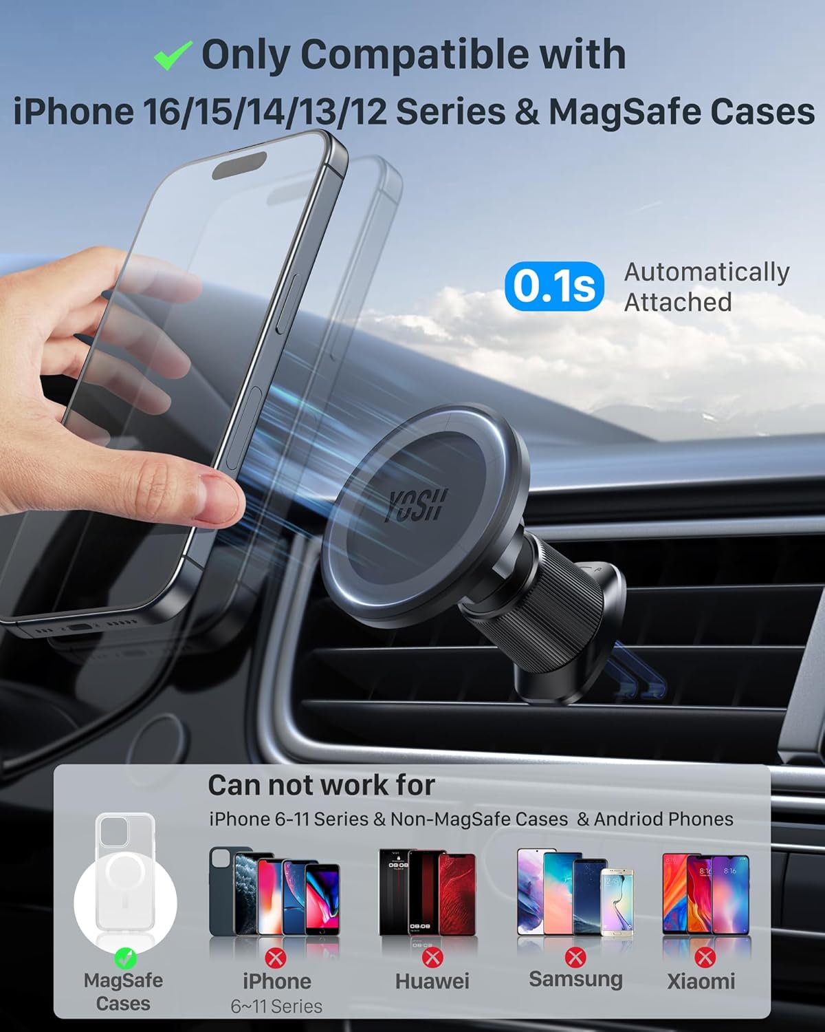 YOSH MagSafe Car Mount Air Vent, Car Phone Holder Magnetic Phone Car Mount Magnet Phone Holder for Cars, for iPhone 16/15/14/13/12 Series& MagSafe Case with Double Lock Clip without Metal Plates