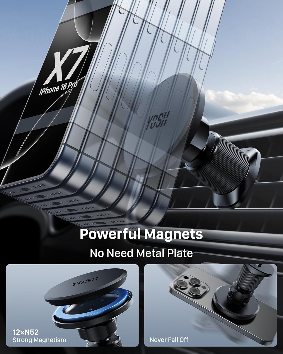 YOSH MagSafe Car Mount Air Vent, Car Phone Holder Magnetic Phone Car Mount Magnet Phone Holder for Cars, for iPhone 16/15/14/13/12 Series& MagSafe Case with Double Lock Clip without Metal Plates