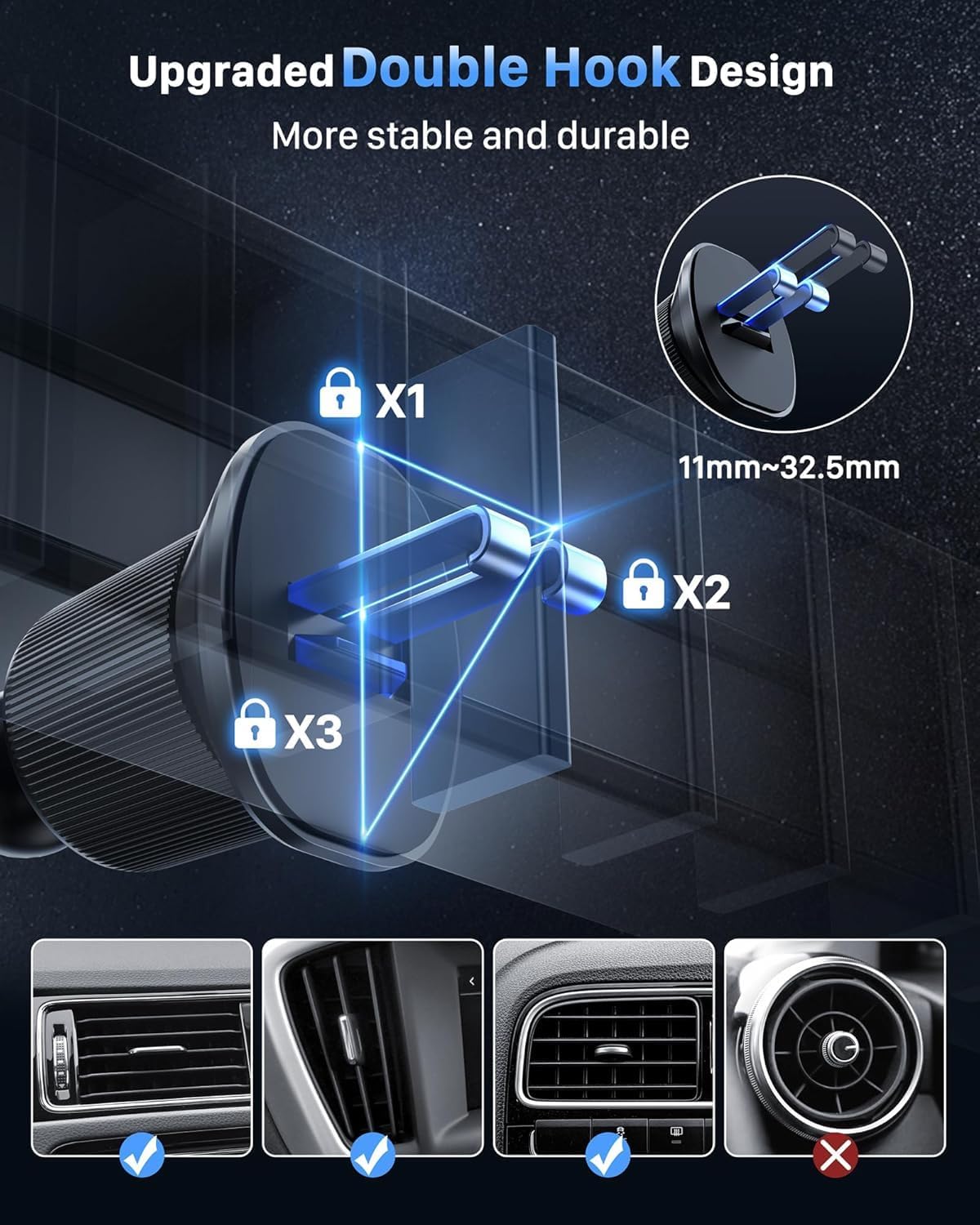 YOSH MagSafe Car Mount Air Vent, Car Phone Holder Magnetic Phone Car Mount Magnet Phone Holder for Cars, for iPhone 16/15/14/13/12 Series& MagSafe Case with Double Lock Clip without Metal Plates