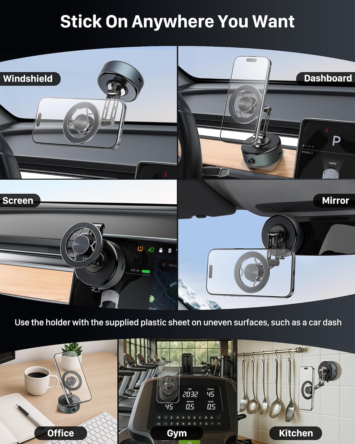 YOSH Electric Auto Vacuum Magnetic Phone Holder, [Flexible Three-axis] Magnetic Car Phone Holder for Magsafe & All Phones with Metal Plate, Multifunctional Phone Holder for Cars, Office, Kitchen, Gym