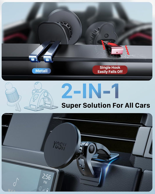 YOSH Mag-Safe Car Mount, Magnetic Phone Holder for Car Vent & Dashboard, Strong N52 Magnets for iPhone 16/15/14/13/12, No Metal Plate Needed
