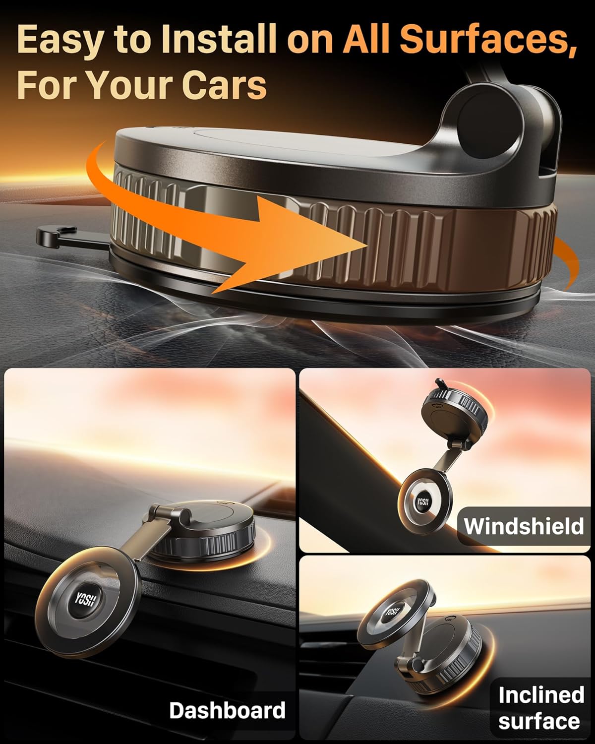 YOSH Magsafe Car Mount, Vacuum Magnetic Phone Holder, N55 Magnets & Upgraded [Nano Gel+TPU] Suction for Dashboard, Rotatable & Foldable, for iPhone 17 16 15 14 13 12 Samsung Pixel