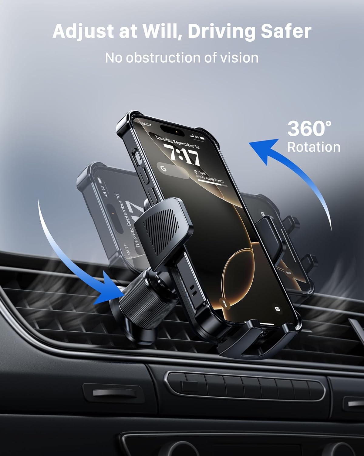 YOSH Car Phone Holder Air Vent, Upgrade 360° Rotation Car Phone Mount with Adjustable Ultra-Stable Clamp, iPhone Holder for iPhone 16 15 14 13 12 11 Pro max X Samsung S24 S23 etc