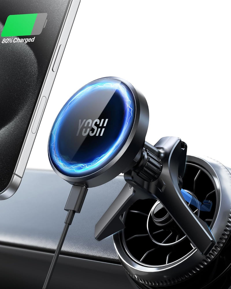 YOSH Mag-Safe Car Charger Mount Round Air Vent for Mercedes Benz Audi BMW Mini Cooper, 15W Fastest Charging Magnetic Car Phone Holder Charger, Perfect for iPhone 16/15/14/13/12 Series & Mag-Safe Case