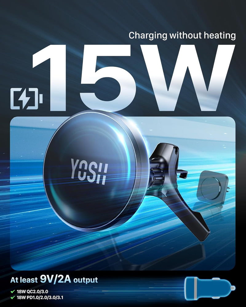 YOSH Mag-Safe Car Charger Mount Round Air Vent for Mercedes Benz Audi BMW Mini Cooper, 15W Fastest Charging Magnetic Car Phone Holder Charger, Perfect for iPhone 16/15/14/13/12 Series & Mag-Safe Case