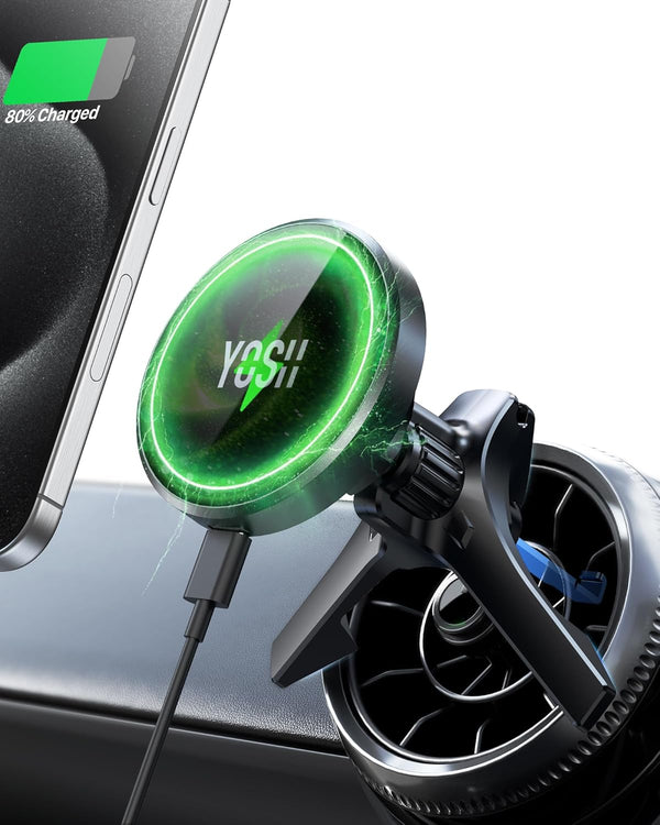 YOSH MagSafe Car Charger Mount Round Air Vent for Mercedes Benz Audi BMW Mini Cooper, 15W Fastest Charging Magnetic Car Phone Holder Charger, Perfect for iPhone 16/15/14/13/12 Series & Mag-Safe Case