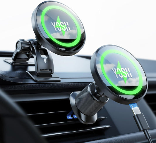 YOSH for Magsafe Car Mount Charger, 15W Fast Wireless Magnetic Phone Holder Charger for Dashboard & Vent, [Double Metal Hook & 3M Adhesive Base] for iPhone 16/15/14/13/12 Samsung Pixel