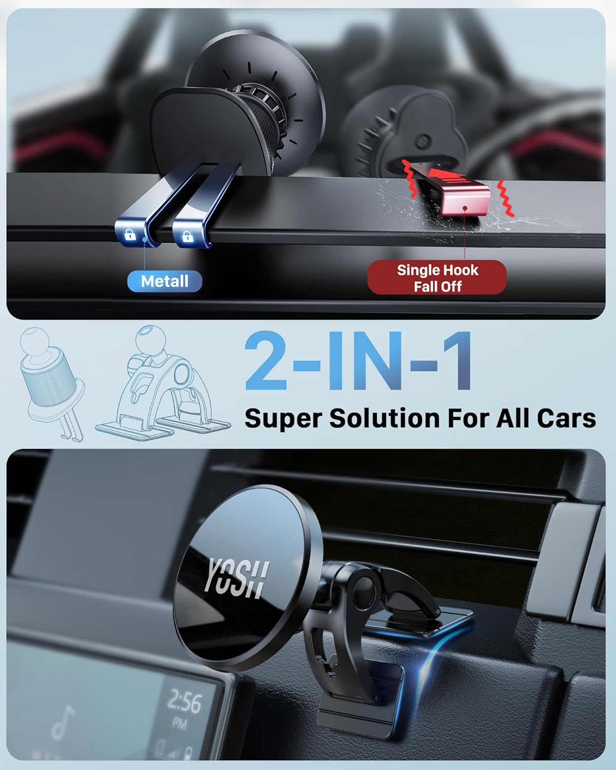 YOSH for Magsafe Car Mount Charger, 15W Fast Wireless Magnetic Phone Holder Charger for Dashboard & Vent, [Double Metal Hook & 3M Adhesive Base] for iPhone 16/15/14/13/12 Samsung Pixel
