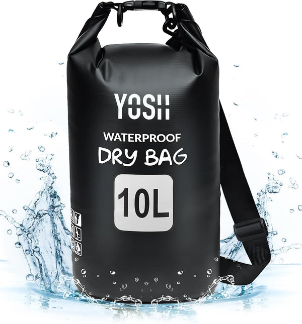 YOSH Waterproof Dry Bag, IPX6 Roll Top Waterproof Bag, Black Drybag with Adjustable Shoulder Strap, 10L Large Capability Dry Bags Waterproof for Beach, Pool, Camping, Kayaking, Fishing, Hiking