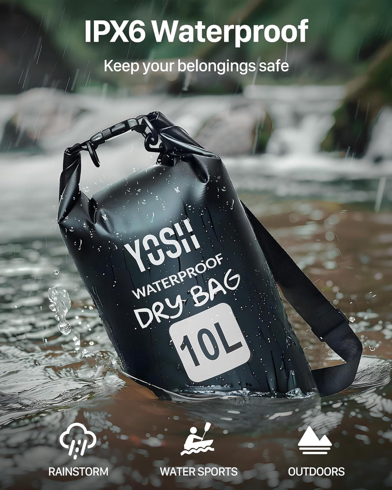 YOSH Waterproof Dry Bag, IPX6 Roll Top Waterproof Bag, Black Drybag with Adjustable Shoulder Strap, 10L Large Capability Dry Bags Waterproof for Beach, Pool, Camping, Kayaking, Fishing, Hiking