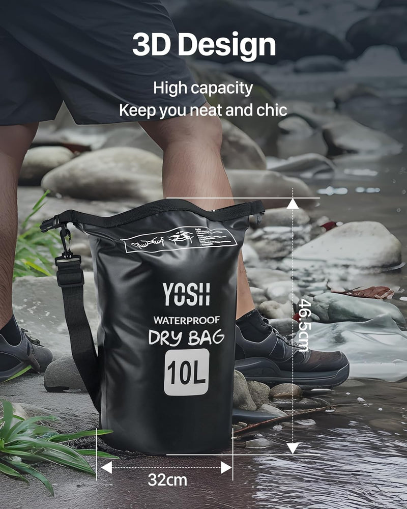 YOSH Waterproof Dry Bag, IPX6 Roll Top Waterproof Bag, Black Drybag with Adjustable Shoulder Strap, 10L Large Capability Dry Bags Waterproof for Beach, Pool, Camping, Kayaking, Fishing, Hiking