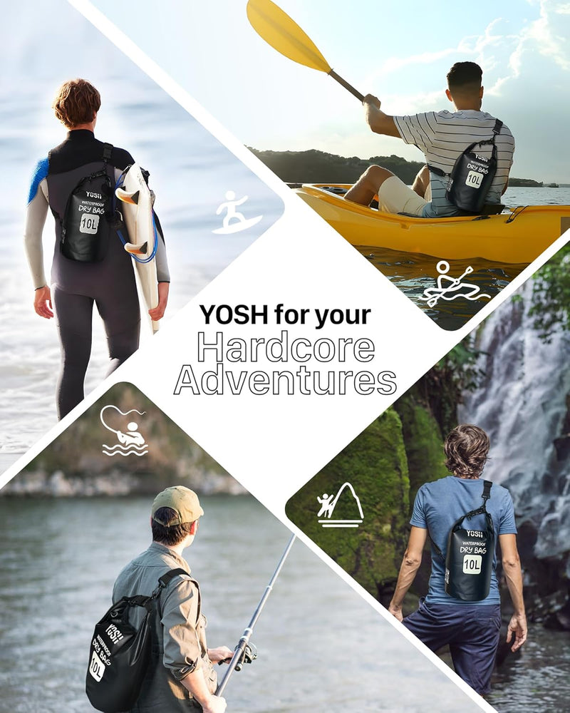 YOSH Waterproof Dry Bag, IPX6 Roll Top Waterproof Bag, Black Drybag with Adjustable Shoulder Strap, 10L Large Capability Dry Bags Waterproof for Beach, Pool, Camping, Kayaking, Fishing, Hiking