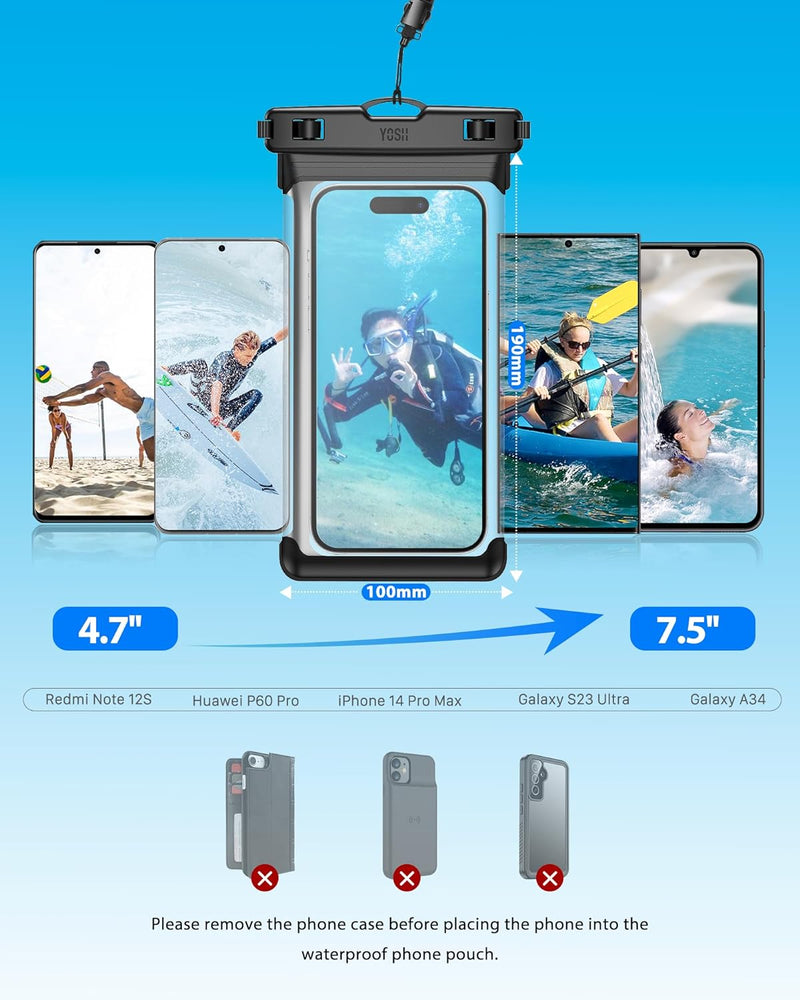 YOSH IPX8 Waterproof Phone Case, Underwater Phone Pouch Dry Bag with Lanyard for Swimming Raining Dustproof for iPhone 14 Plus 13 12 11 pro max XS max XR X, Samsung S30 S20, Huawei P30 P20.-up to 7.5"