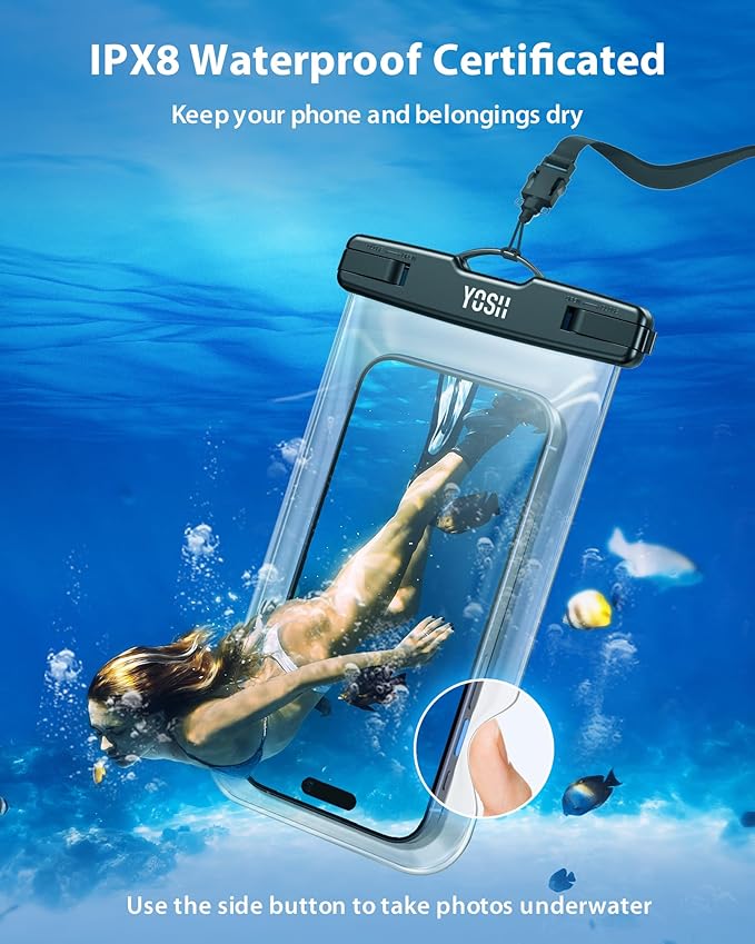 YOSH Waterproof Phone Pouch [Borderless Design], IPX8 Waterproof Phone Case for Swimming, Underwater Phone Case for iPhone 16 15 14 Plus 13 Pro Max 12 11, Samsung S24 S23 S22, Xiaomi 14 Pro up to 7.2