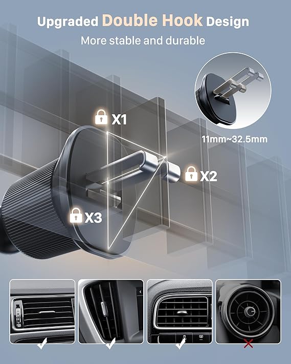 YOSH Car Phone Holder with Double Lock Metal Hook, 2024 Air Vent Mobile Phone Car Mount, Phone Holder for Cars, Super Stable Big Phone Friendly for iPhone 16 15 14 13 12 Pro Max Samsung S24 S23 Pixel