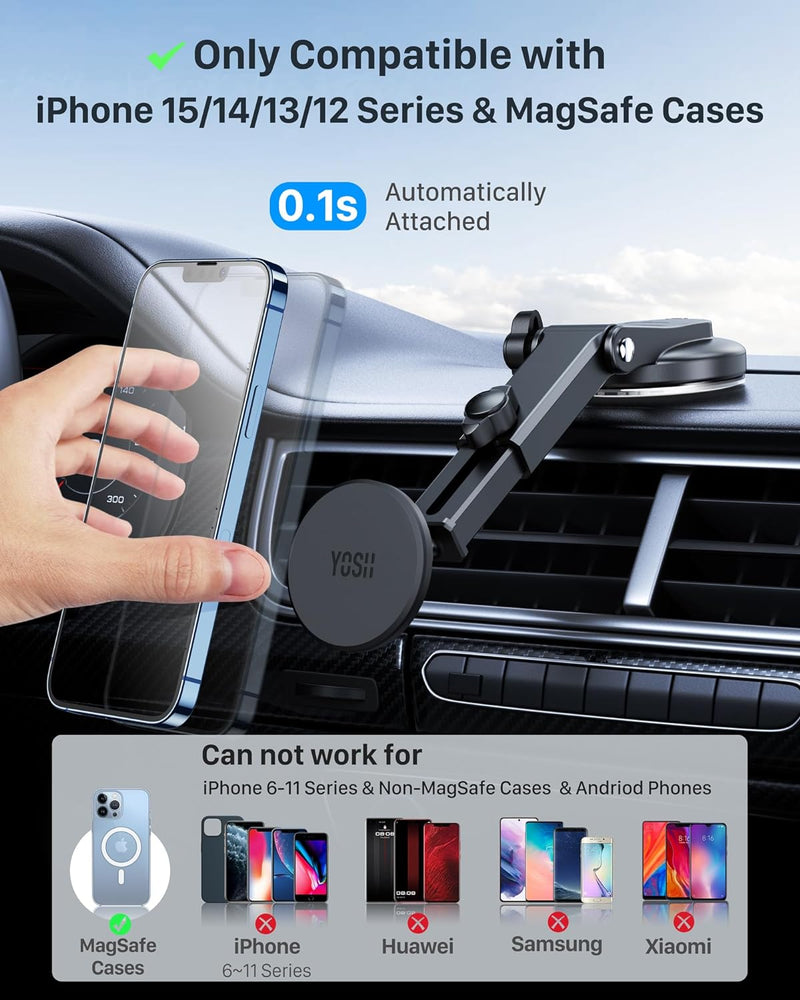 YOSH Mag-Safe Car Mount Dashboard Windscreen, Car Phone Holder Magnetic Phone Car Mount iPhone Car Holder Magnet Phone Holder for Cars for iPhone 15/14/13/12 Series & MagSafe Case without Metal Plates