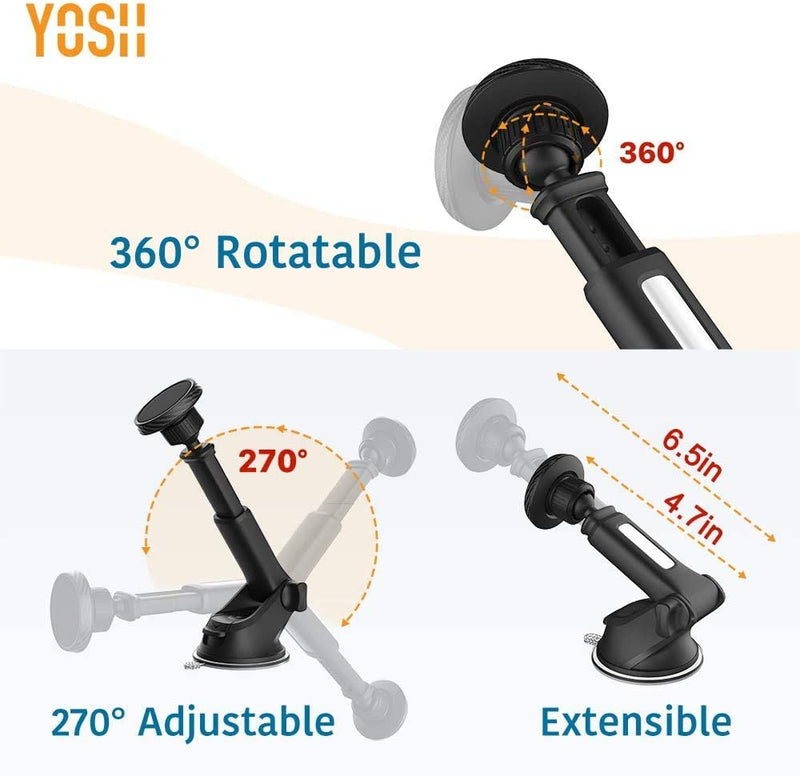 YOSH Magnetic Phone Car Mount for Dashboard & Windscreen, 360°Rotation with 6 Strong Magnets & Washable Sticky Suction Cup, Adjustable Car Phone Holder Cradle for iPhone 15 14 13 12 Samsung Huawei