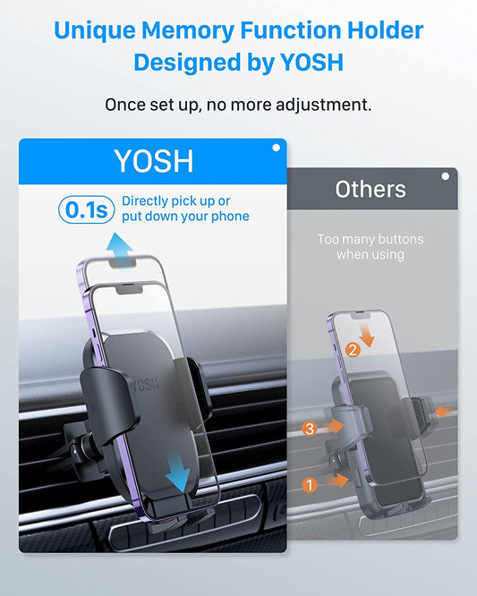 YOSH Car Phone Holder Air Vent, Phone Holder for Cars with Memory Function & Double-Lock Clips, Upgraded Materials iPhone Mount, 360° Adjustable Cradle for iPhone Samsung etc