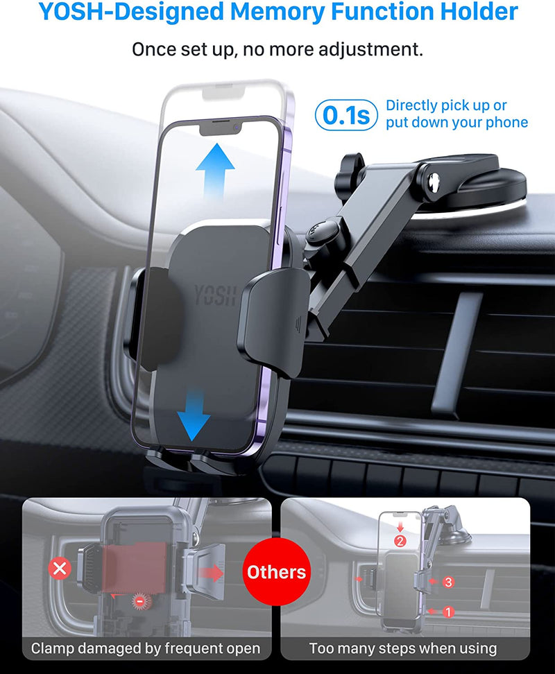 YOSH Car Phone Holder Dashboard Windscreen Mount, Adjustable Car Phone Mount with Memory Function, Sticky Suction Cup Phone Holder for Cars, Car Mount Cradle for iPhone 14 13 12 11 Samsung Huawei etc